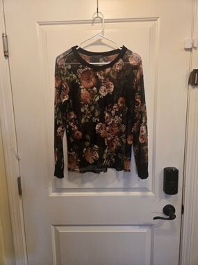 West Kei Black Mesh Long Sleeve Floral Top with Rust and Green Accents